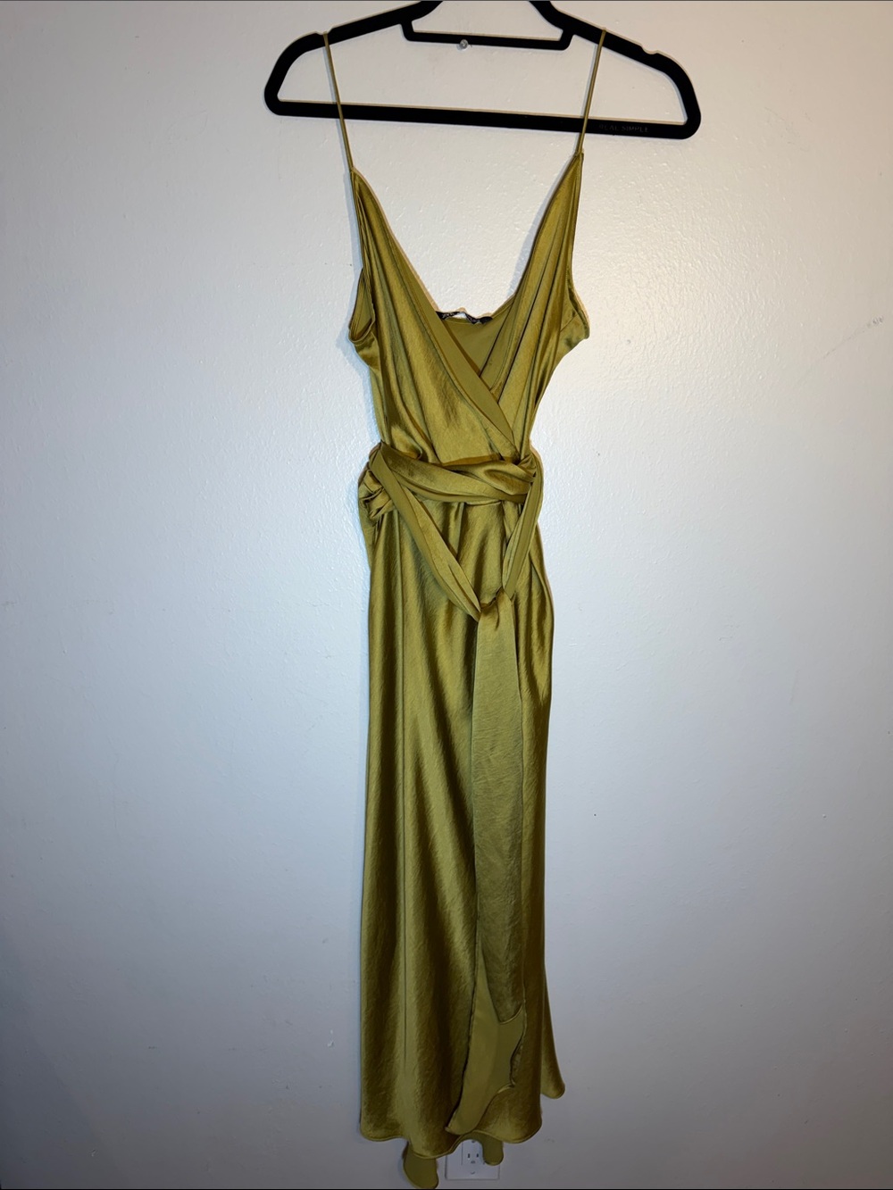 Zara Olive Chartreuse Satin Faux Wrap Silky Maxi Slip Dress Large Cocktail